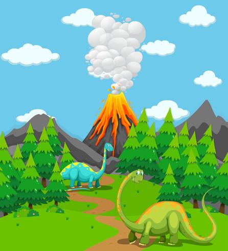 Two dinosaurs and volcano eruption vector