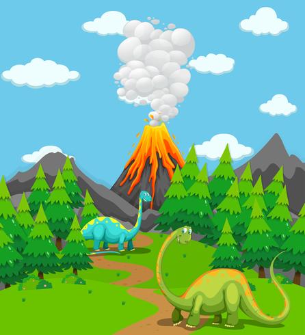 Dos dinosaurios y erupción volcánica. vector