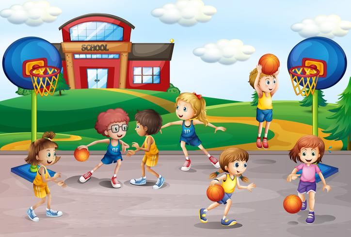 Students playing basketball in physical education vector