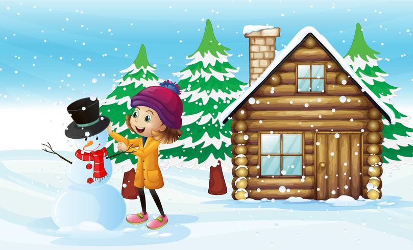 Little girl making snowman in the field vector