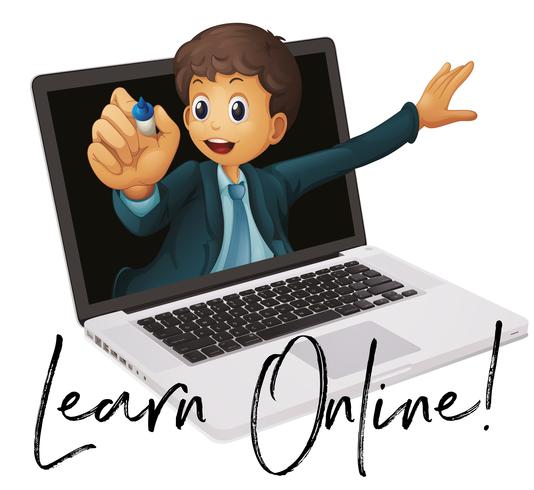 Word phrase for learn online with teacher in laptop vector