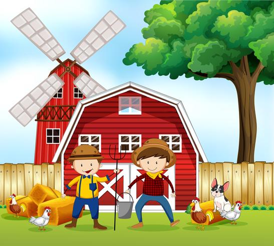 Scene with two farmers and animals vector