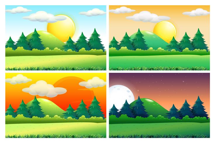 Four scenes of green fields at different times of day vector