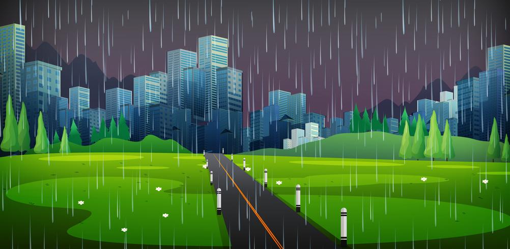 Escena de fondo con lluvia en la ciudad vector