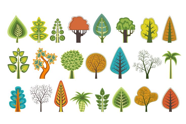 A set of flat silhouettes of trees of vector