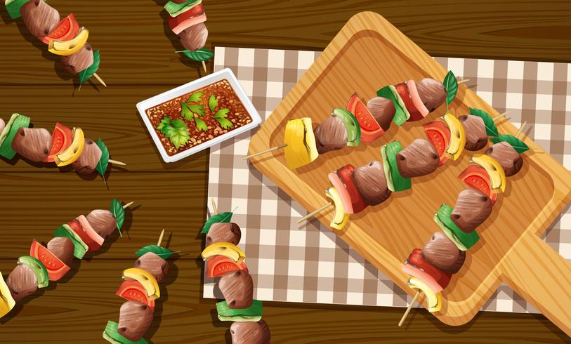 Meat skewer kebabs aerial view vector