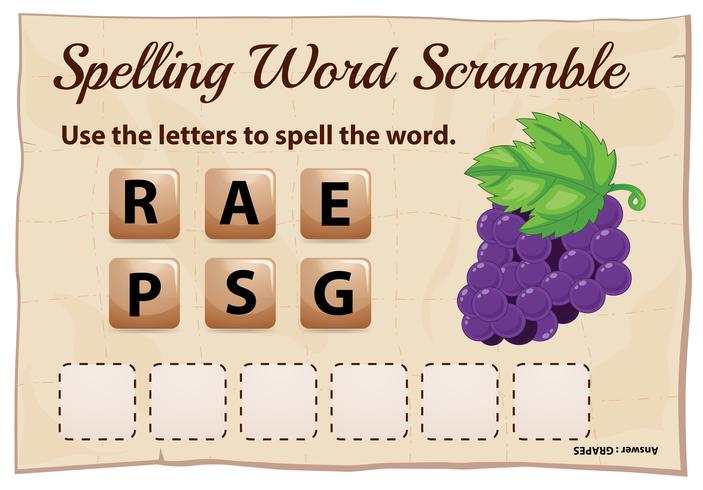 Plantilla de juego de deletrear la palabra scramble con uvas vector