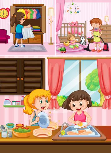 Children cleaning the house vector