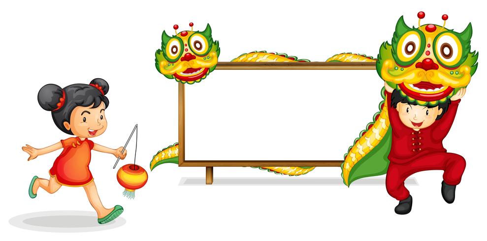 Border template with chinese kid and dragon vector