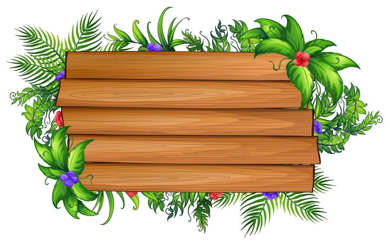 Tablero de madera con hojas verdes y flores de colores. vector