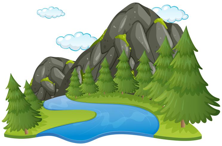 Escena con rio y montaña. vector