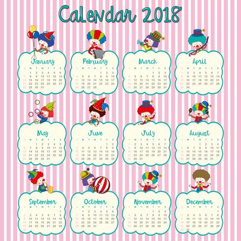 Diseño de calendario 2018 con payasos felices. vector