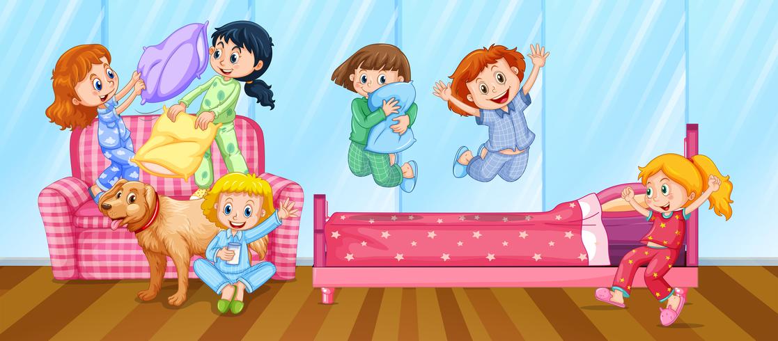 Girls having slumber party in bedroom vector