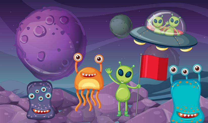 Space theme with aliens on planet vector