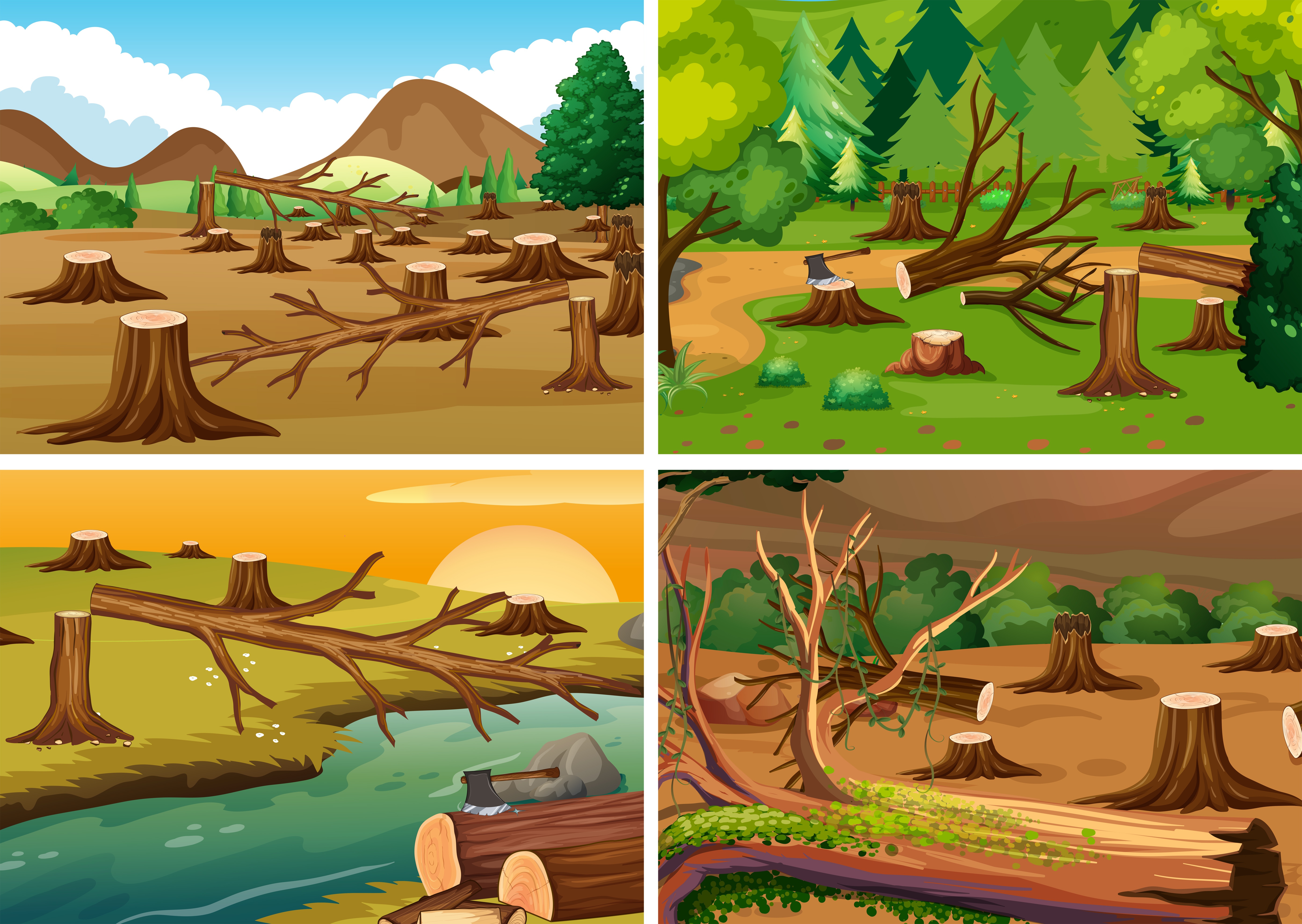 Four scenes of deforestation 373900 Vector Art at Vecteezy