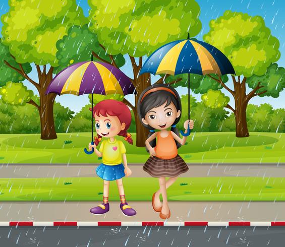 Two girls with umbrella in the rain vector