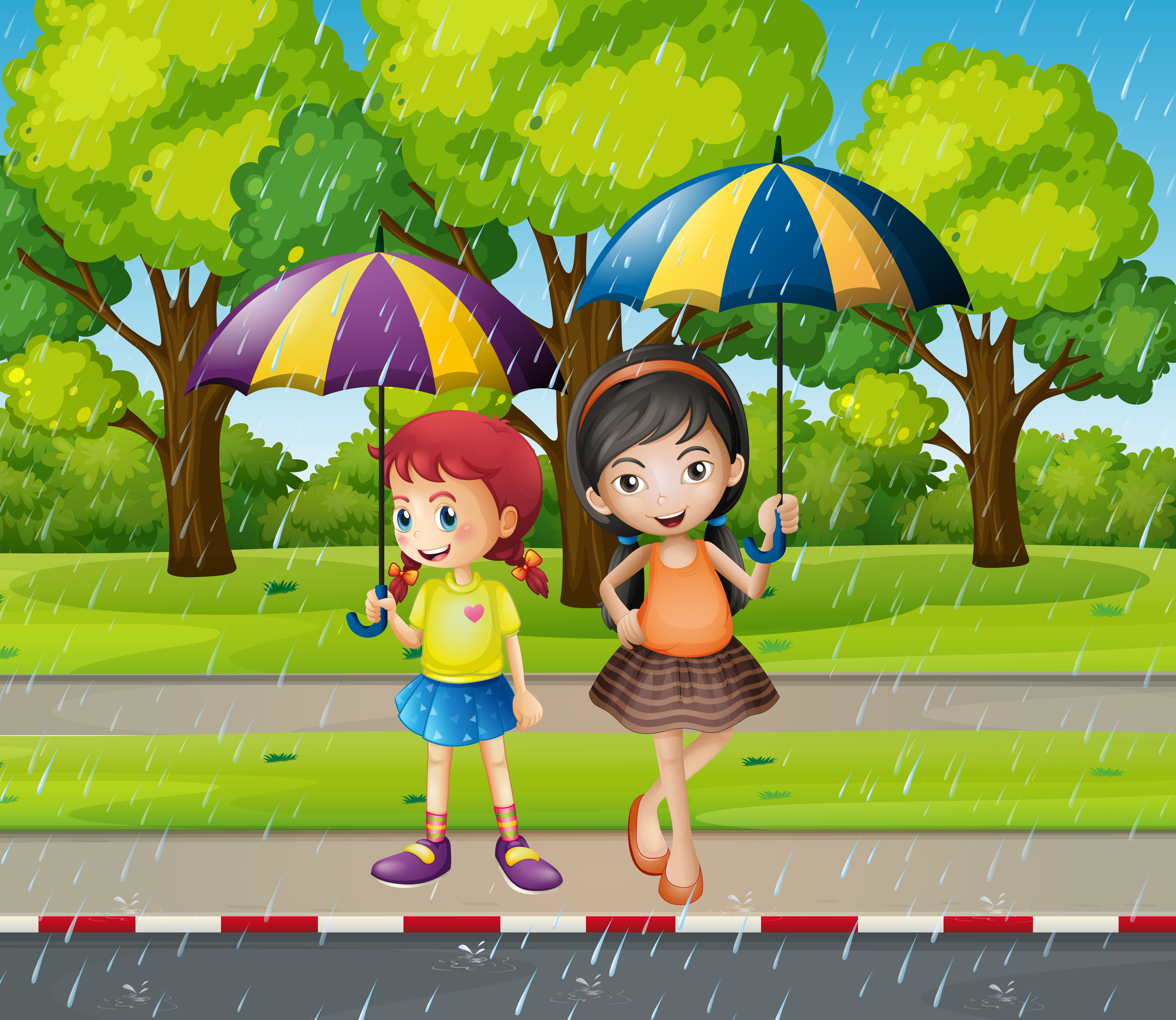 Download Two girls with umbrella in the rain 374000 Vector Art at ...