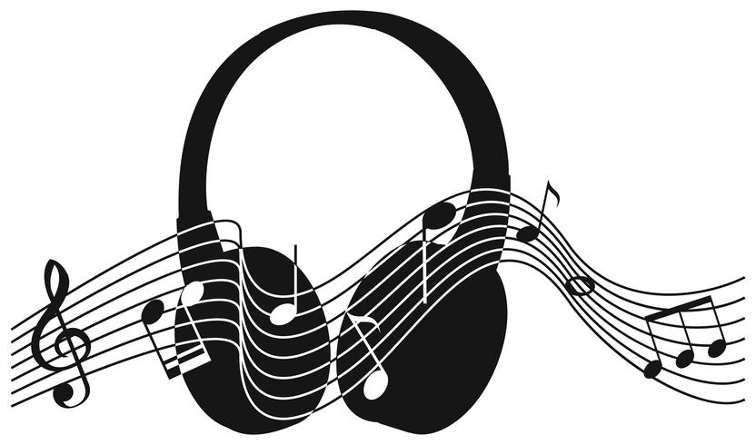 Silueta de auriculares con notas musicales en el fondo vector