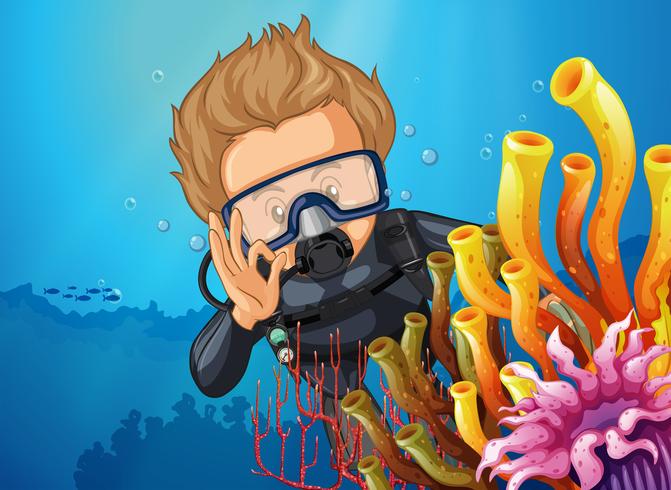Scuba diver diving behind coral reef vector