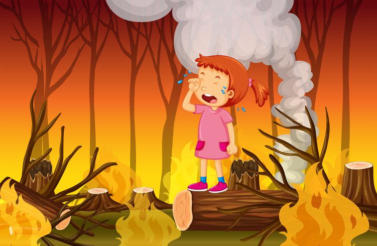 Una niña llorando en el bosque de incendios forestales. vector