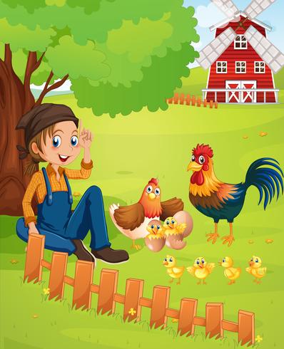 Farmer and chickens on the farm vector