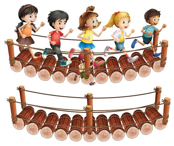 Children running across the wooden bridge vector