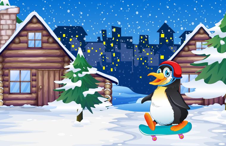 Pingüino jugando skate en invierno vector