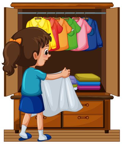 Niña, poniendo, lejos, ropa, en, armario vector