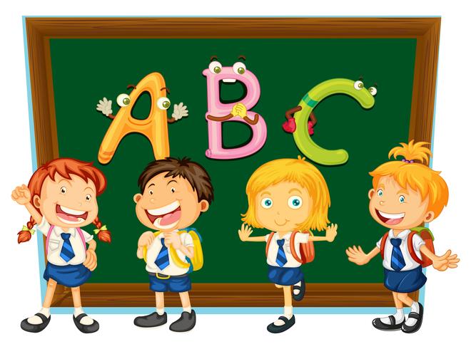 School children and blackboard vector