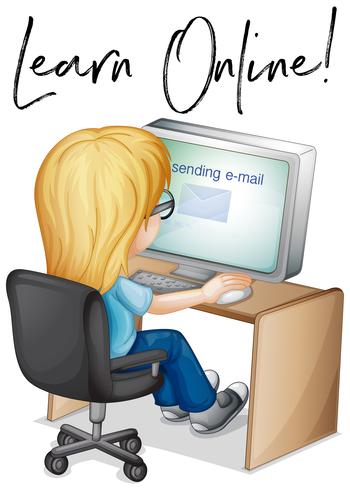 Phrase learn online with girl working on computer vector