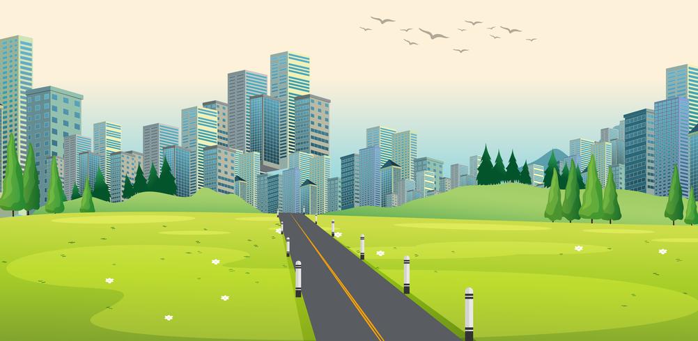 Escena de fondo con camino a la ciudad vector