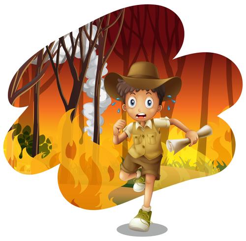 Explorador de bosques corriendo desde un incendio forestal vector