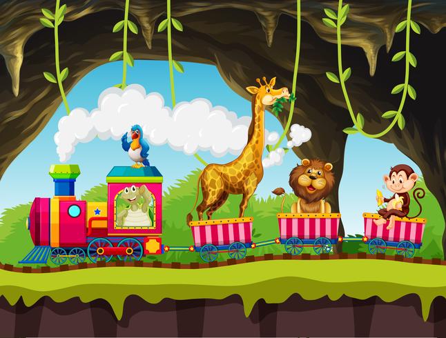 Animals riding train in nature vector