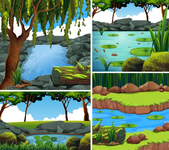 Cuatro escenas de fondo con río en bosque vector