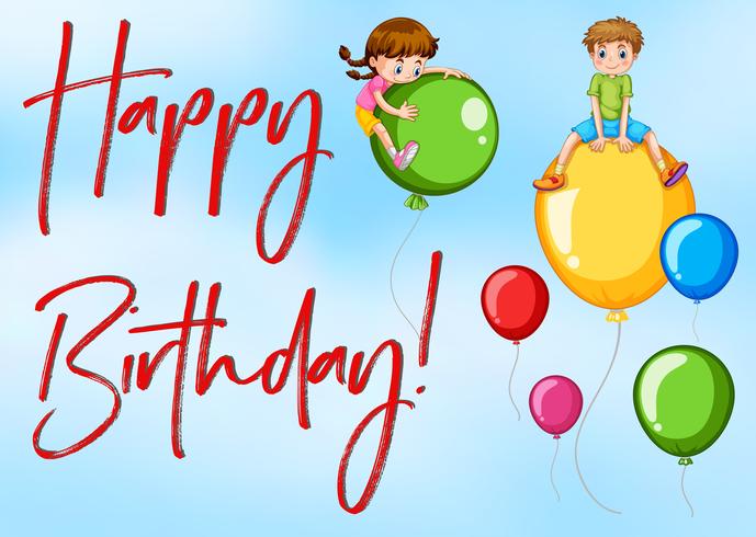 Happy Birthday card with kids and balloons vector