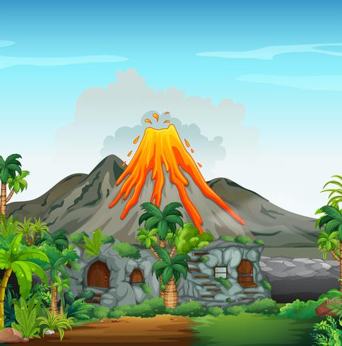 Escena con volcan y casa cueva vector