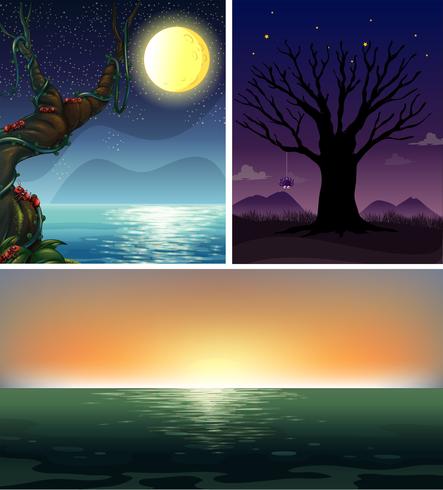Three night scenes of the ocean vector