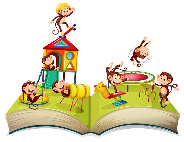 Mono en libro abierto de parque infantil vector
