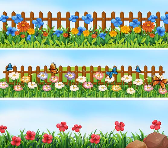 Garden scenes with flowers and fence vector