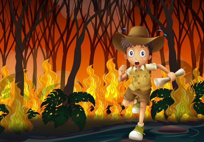 Boy scout running away from wildfire vector