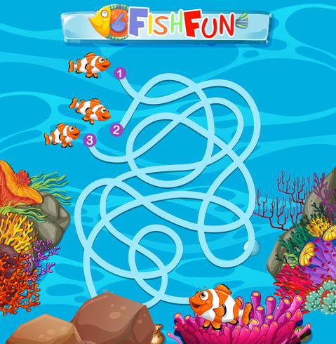 Underwater fish maze game template vector