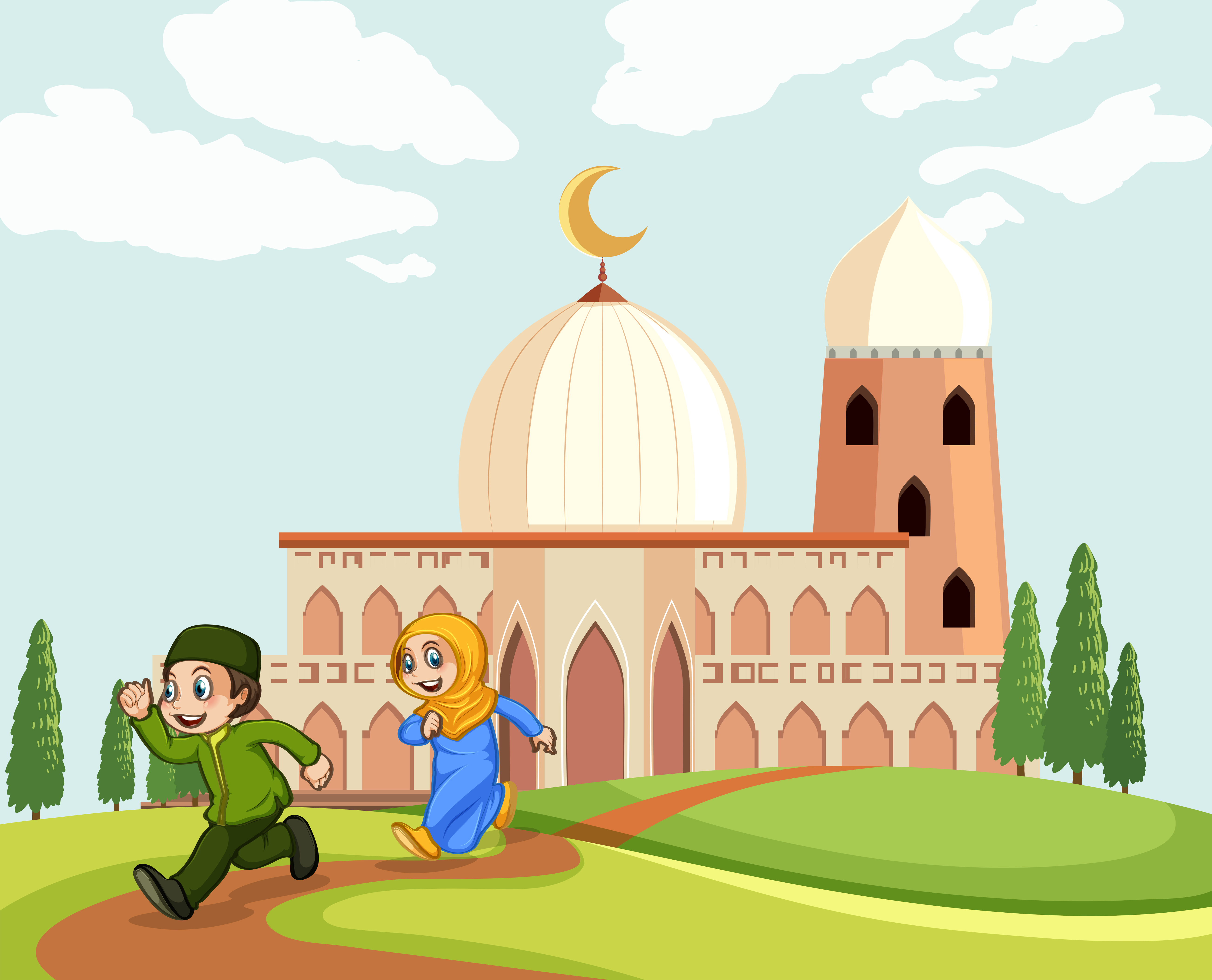 Muslim children leaving the mosque Download Free Vectors 