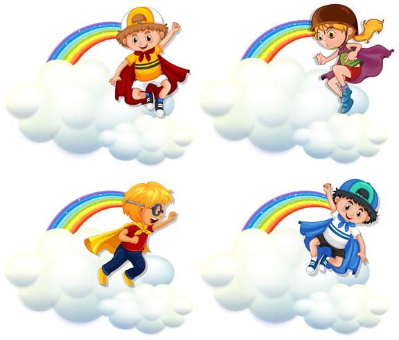 Cuatro niños en traje de héroe volando sobre el arco iris vector