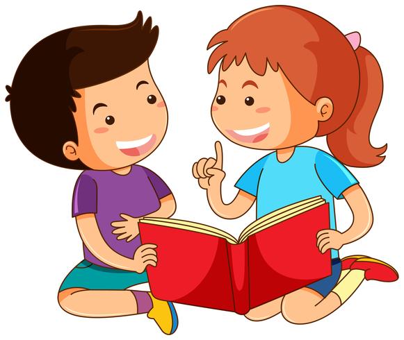 Niño y niña leyendo cuentos vector