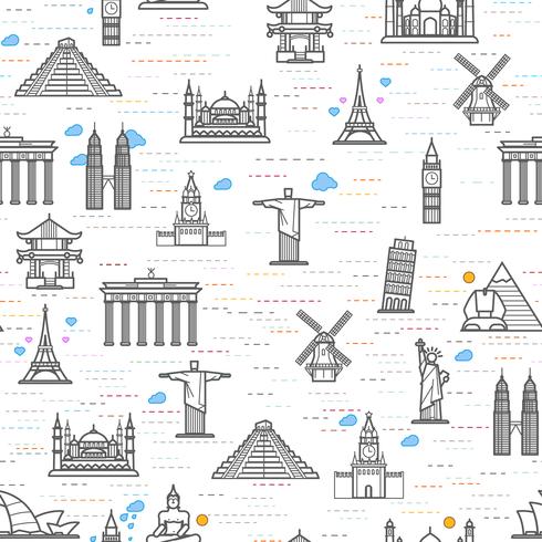 Seamless pattern of the attractions of the world, outline drawing for your application. vector