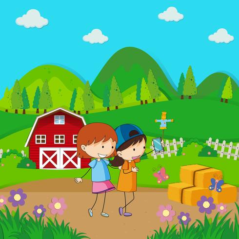 Two girls taking selfie in the farmyard vector