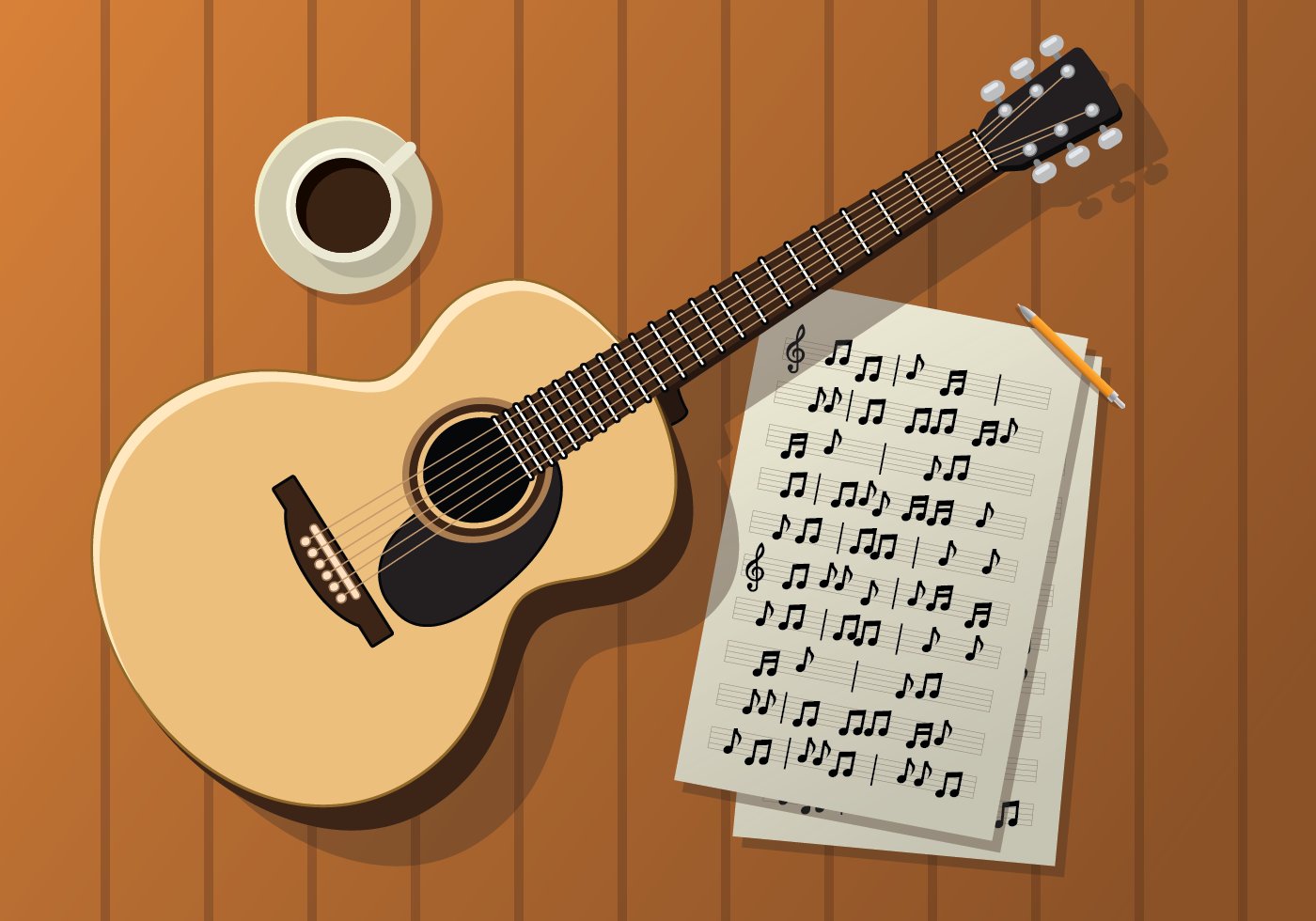 Guitar, Partiture and Coffee On A Wooden Table 374438 Vector Art at