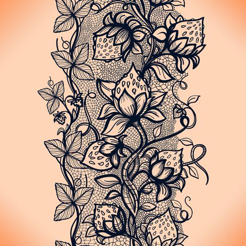 Vector lace seamless pattern decorative strawberry, leaves, intertwined with viscous of lines.