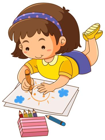Little girl drawing sun on paper vector