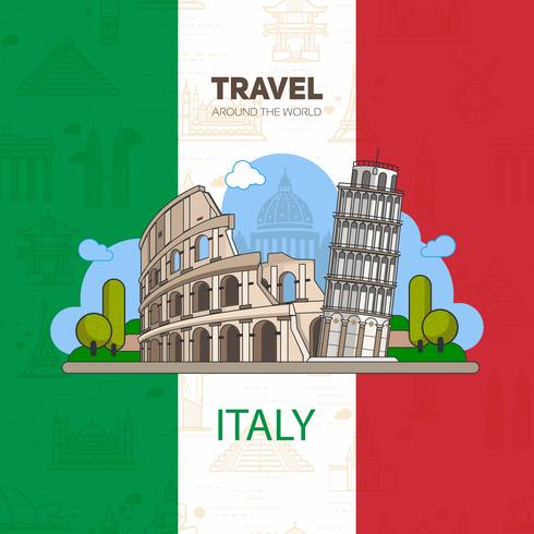 Italian landmarks, historic architecture, on the background of the flag with seamless backgrounds. vector